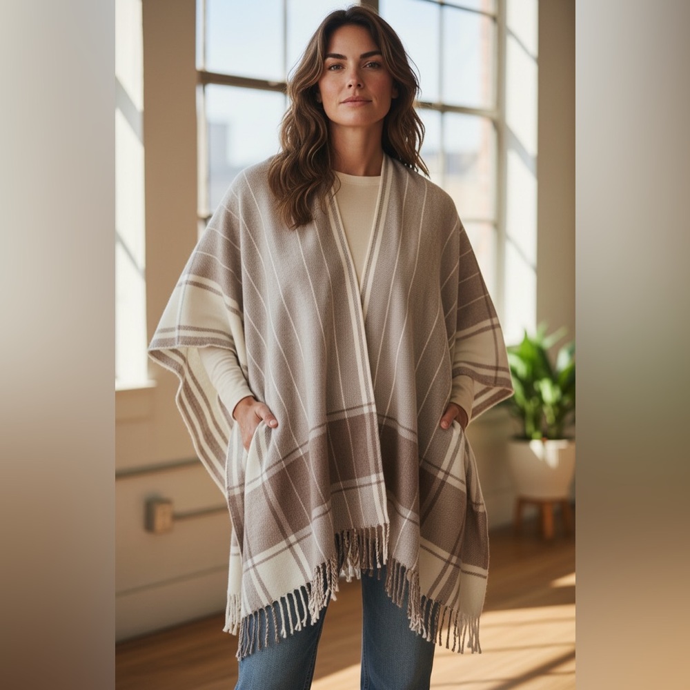 LOFT Beige & Cream Plaid Fringe Poncho M/L